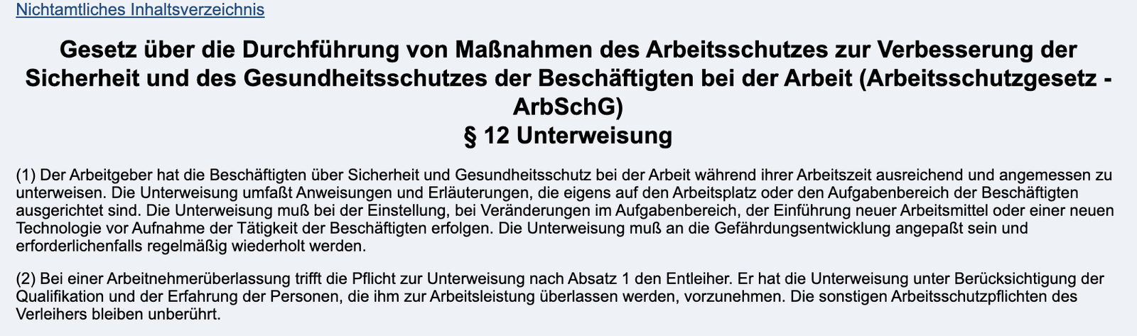 Gesetzestext § 12 Arbeitsschutzgesetz Unterweisung