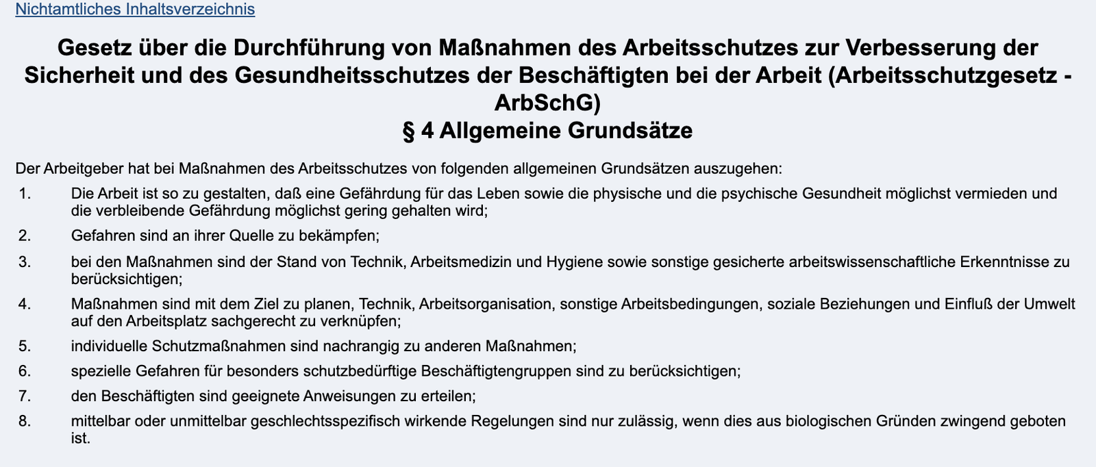 Gesetzestext § 4 Arbeitsschutzgesetz Allgemeine Grundsätze