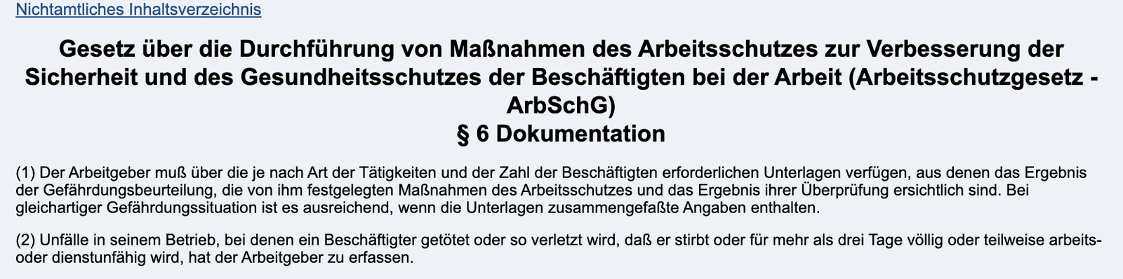 Gesetzestext § 6 ArbSchG Dokumentation