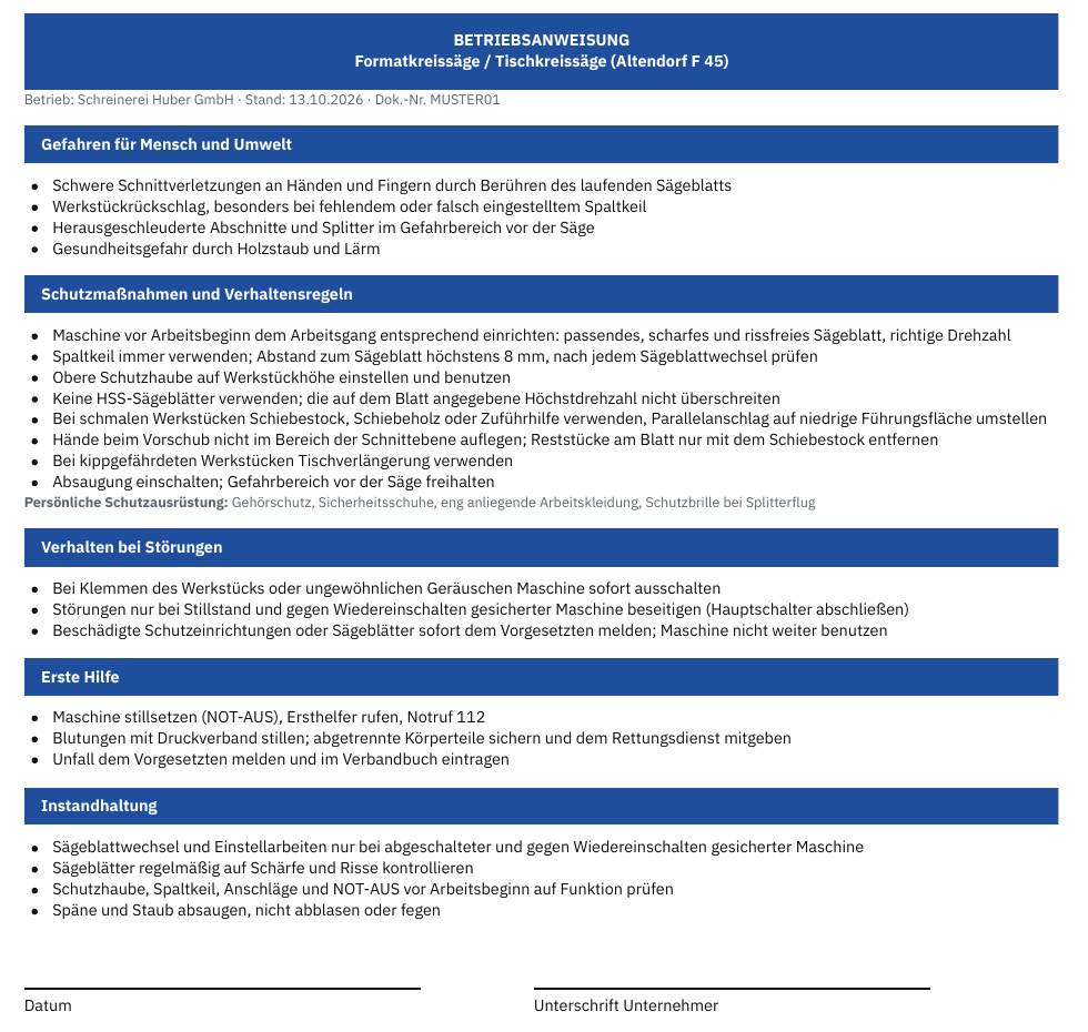 Betriebsanweisung für eine Formatkreissäge mit den Abschnitten Gefahren, Schutzmaßnahmen, Verhalten bei Störungen, Erste Hilfe und Instandhaltung