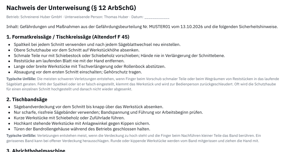 Nachweis der Unterweisung nach § 12 ArbSchG mit Sicherheitshinweisen für Formatkreissäge und Tischbandsäge